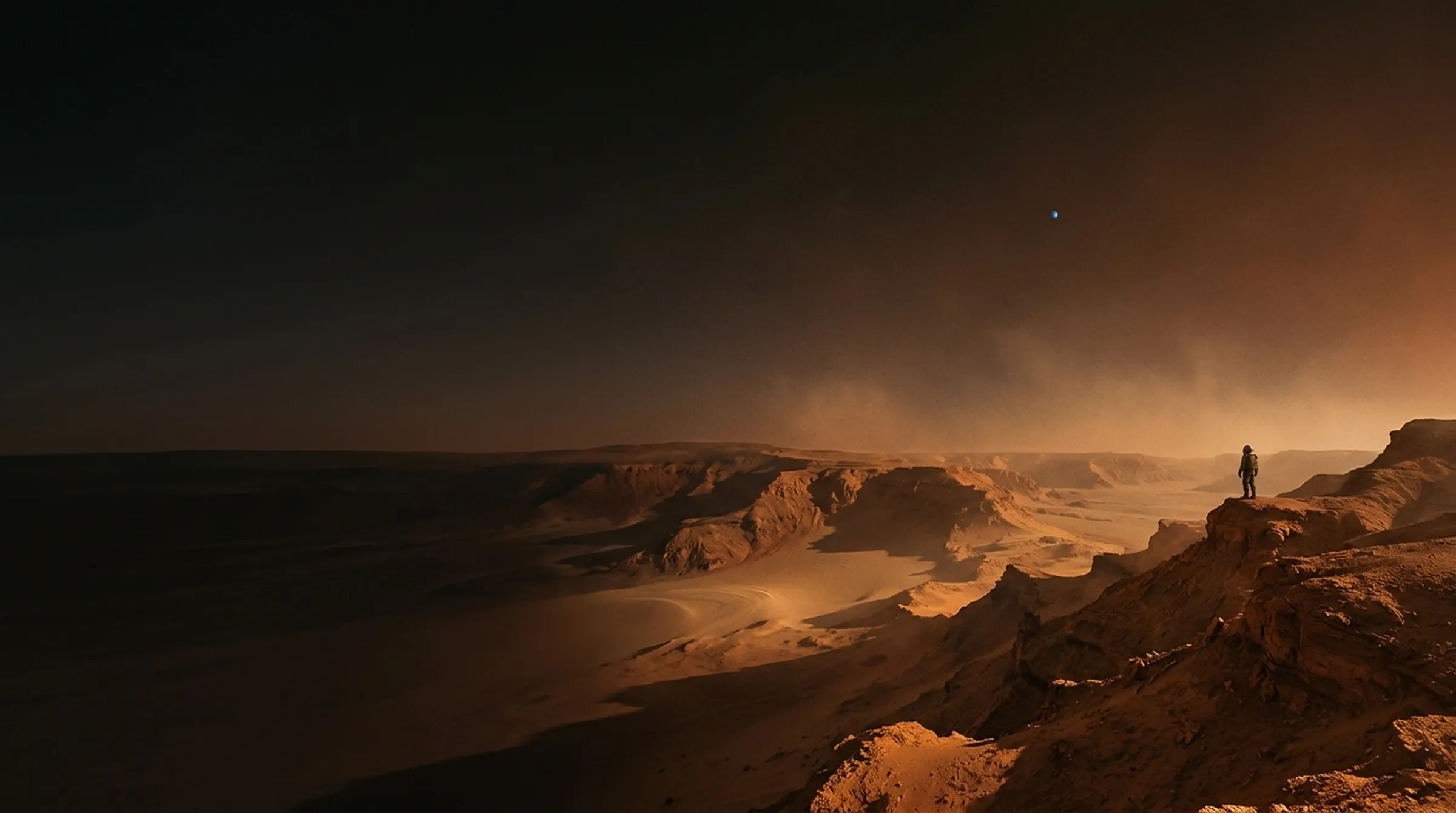 A suited figure on Mars looking up at Earth