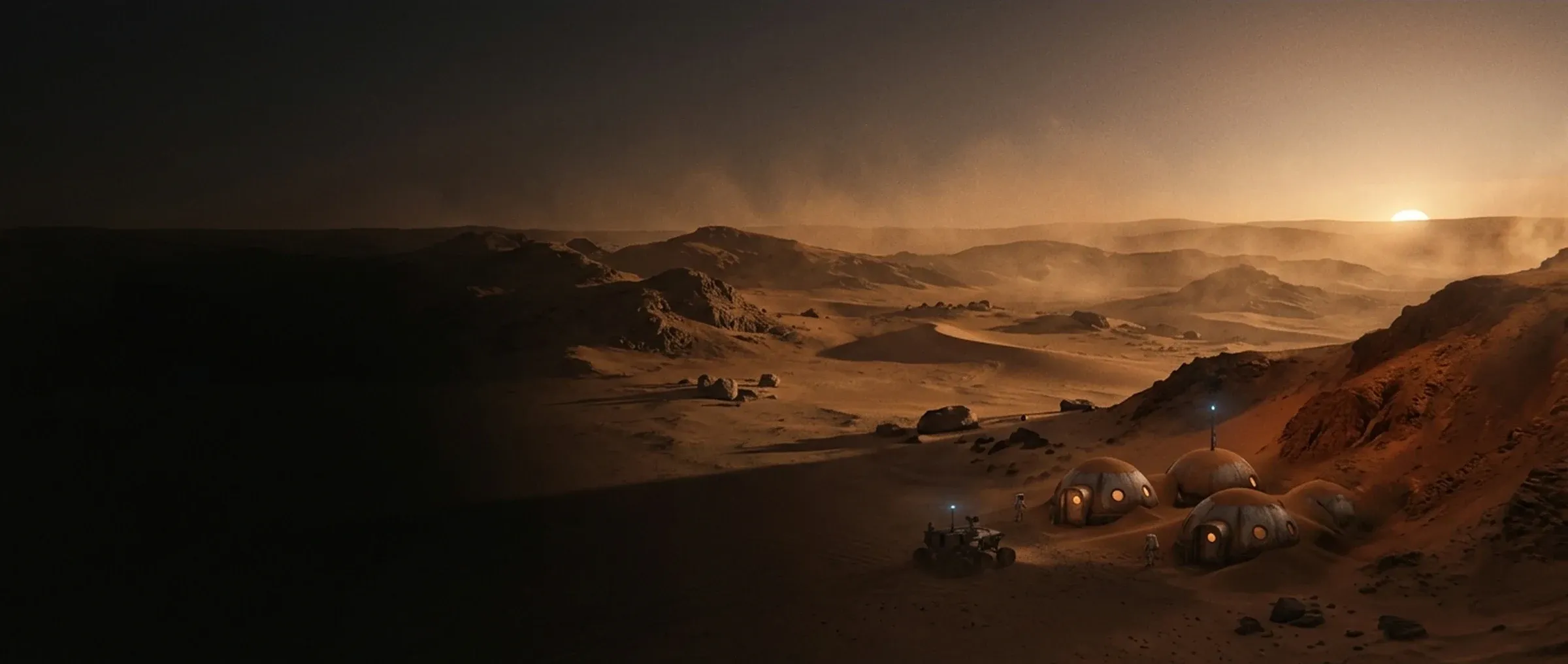Sealed habitat domes glowing at dusk on Mars